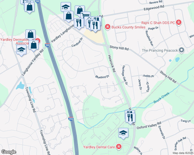 map of restaurants, bars, coffee shops, grocery stores, and more near 1652 Covington Road in Yardley