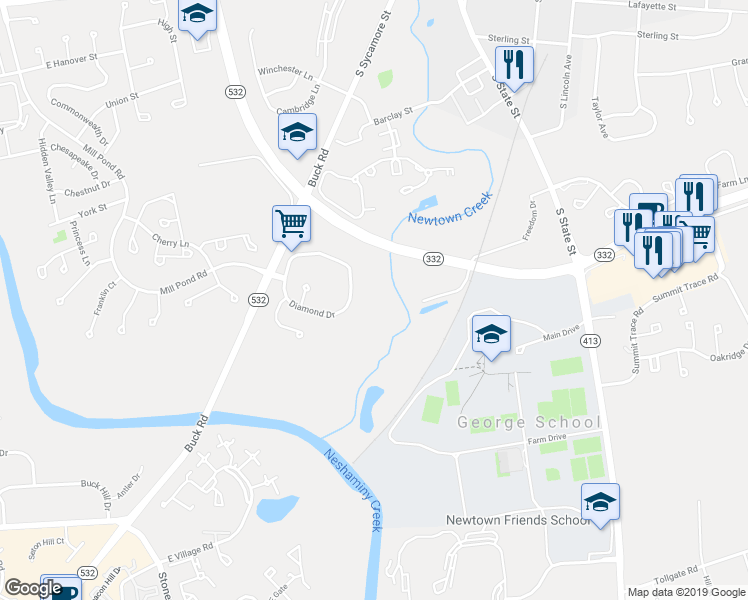 map of restaurants, bars, coffee shops, grocery stores, and more near 1016 Diamond Drive in Newtown