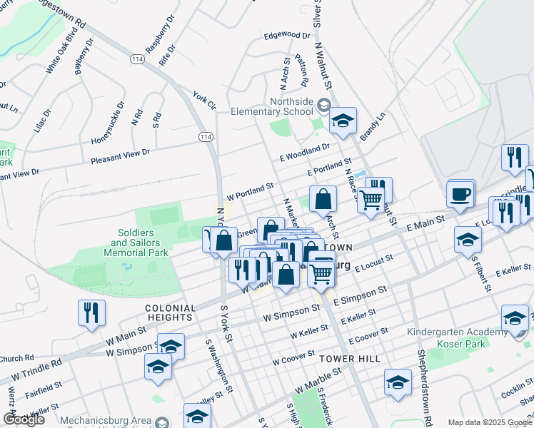 map of restaurants, bars, coffee shops, grocery stores, and more near 19 West Green Street in Mechanicsburg