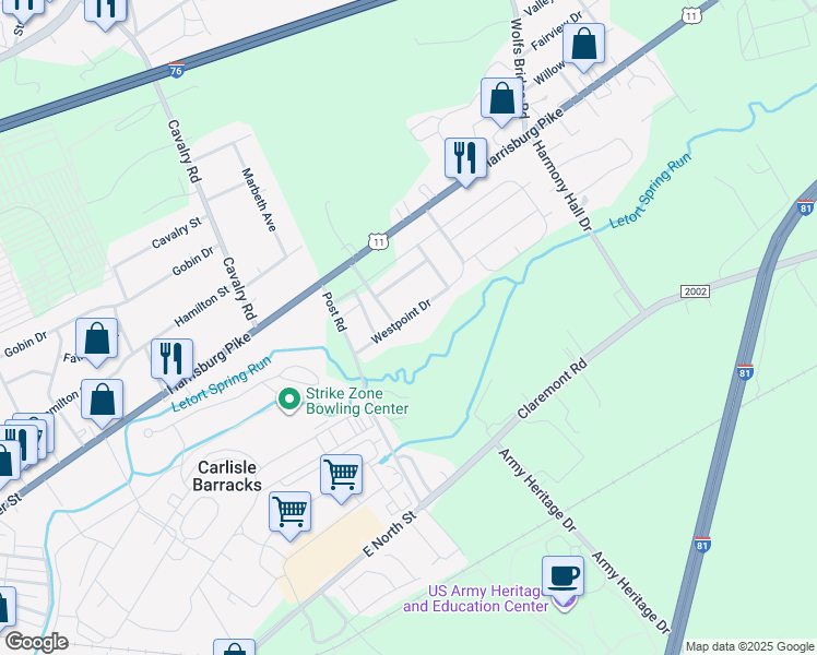 map of restaurants, bars, coffee shops, grocery stores, and more near 147 Westpoint Drive in Carlisle