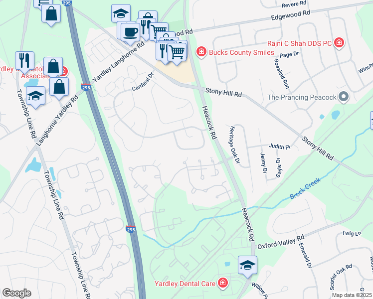 map of restaurants, bars, coffee shops, grocery stores, and more near Bluebird Drive in Bucks County