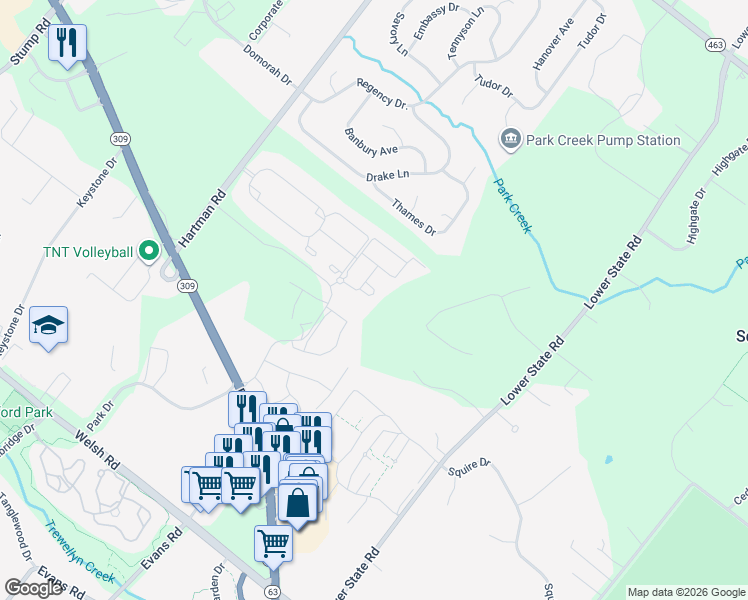 map of restaurants, bars, coffee shops, grocery stores, and more near 132 Bay Hill Drive in North Wales