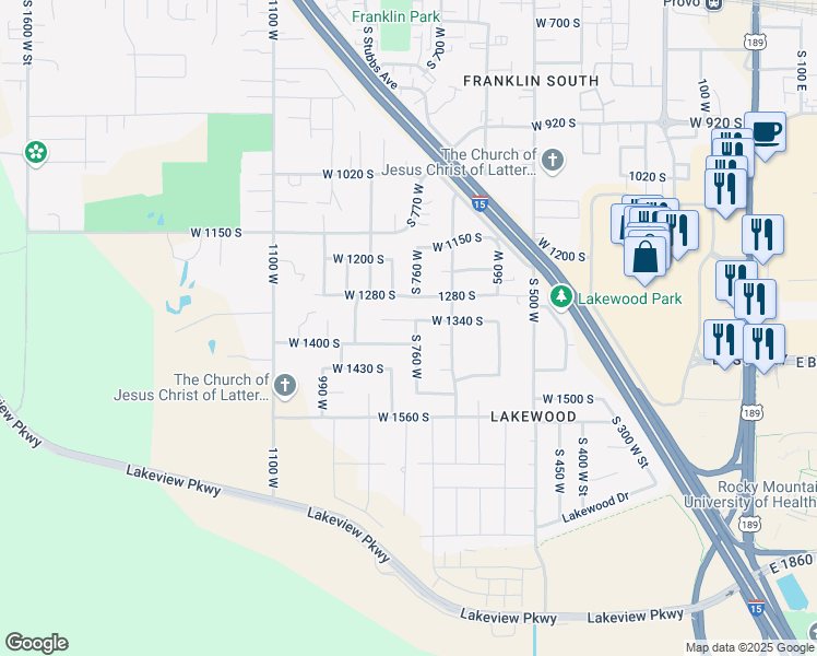map of restaurants, bars, coffee shops, grocery stores, and more near 1360 South 760 West in Provo