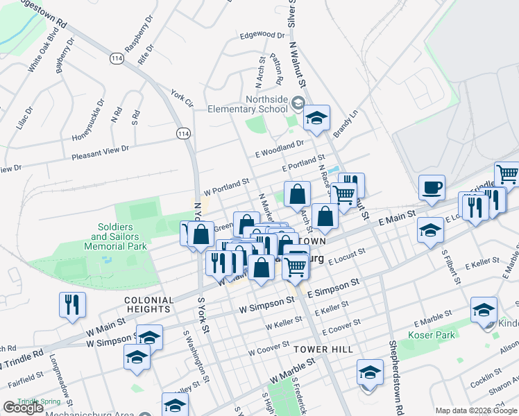 map of restaurants, bars, coffee shops, grocery stores, and more near 19 West Green Street in Mechanicsburg