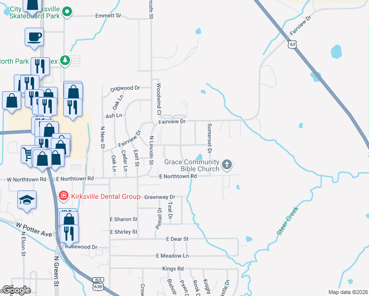 map of restaurants, bars, coffee shops, grocery stores, and more near 2201-2299 York St in Kirksville