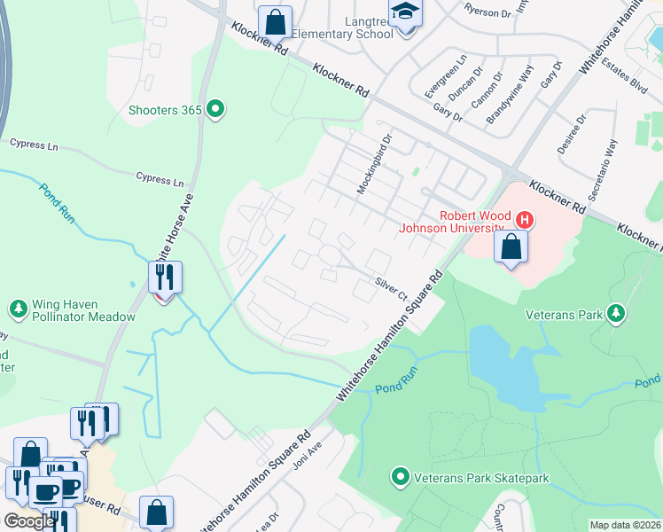 map of restaurants, bars, coffee shops, grocery stores, and more near 1208 Silver Court in Hamilton Township