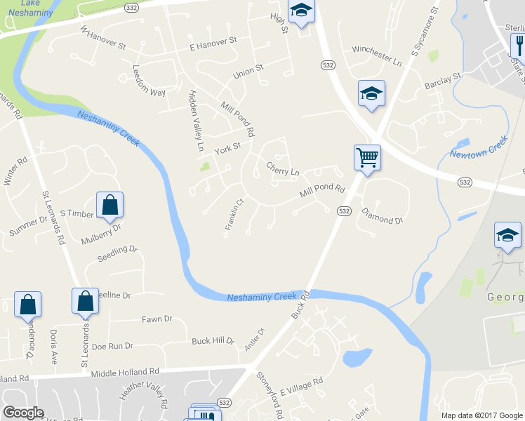 map of restaurants, bars, coffee shops, grocery stores, and more near 2 Hershey Court in Newtown