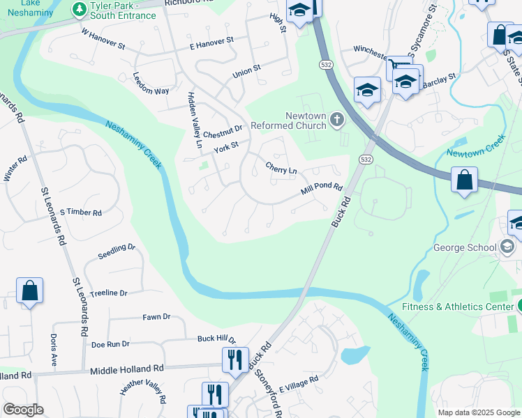 map of restaurants, bars, coffee shops, grocery stores, and more near 2 Hershey Court in Newtown