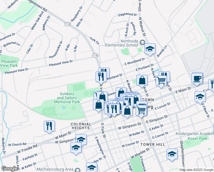 map of restaurants, bars, coffee shops, grocery stores, and more near 108 West Factory Street in Mechanicsburg