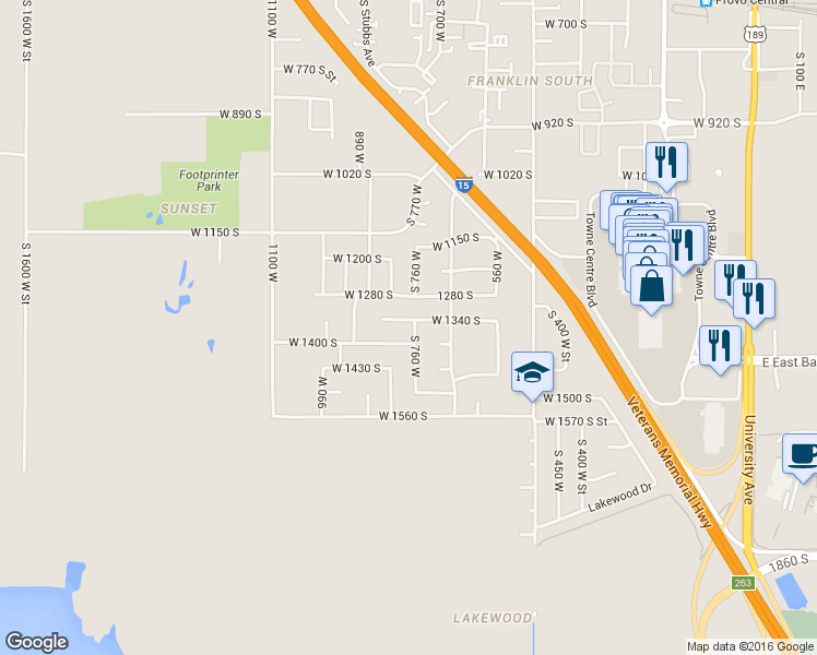 map of restaurants, bars, coffee shops, grocery stores, and more near 1360 South 760 West in Provo