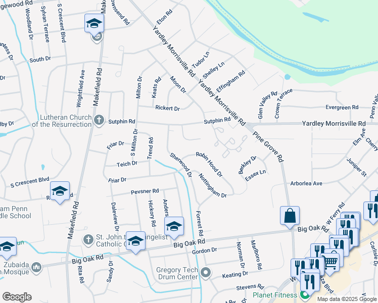 map of restaurants, bars, coffee shops, grocery stores, and more near 380 Robin Hood Drive in Morrisville