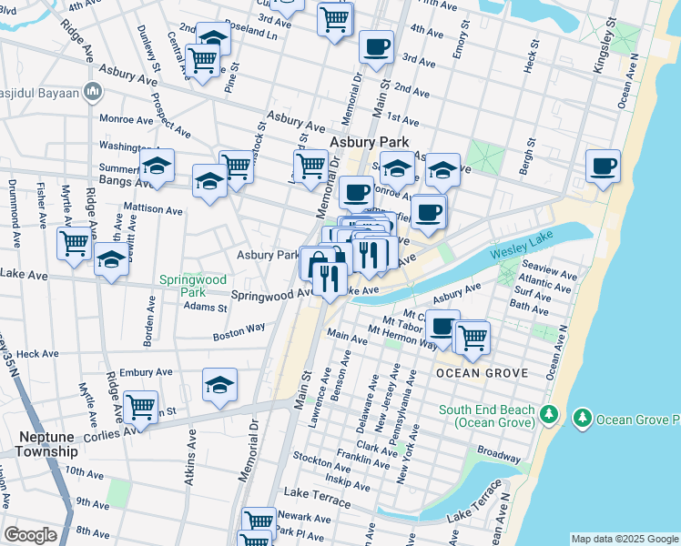 map of restaurants, bars, coffee shops, grocery stores, and more near 162 Main Street in Asbury Park