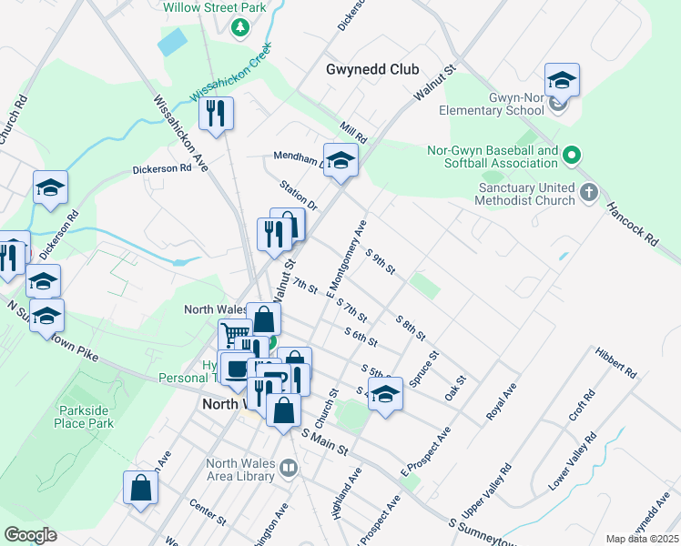 map of restaurants, bars, coffee shops, grocery stores, and more near 746 East Montgomery Avenue in North Wales