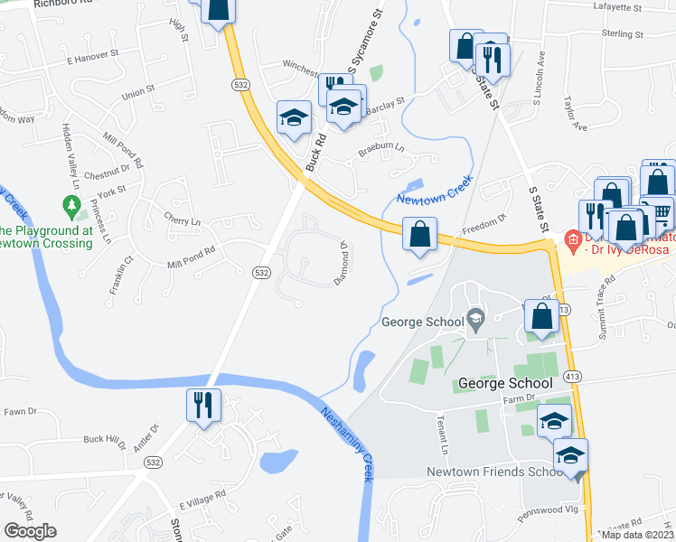 map of restaurants, bars, coffee shops, grocery stores, and more near 1206 Diamond Drive in Newtown