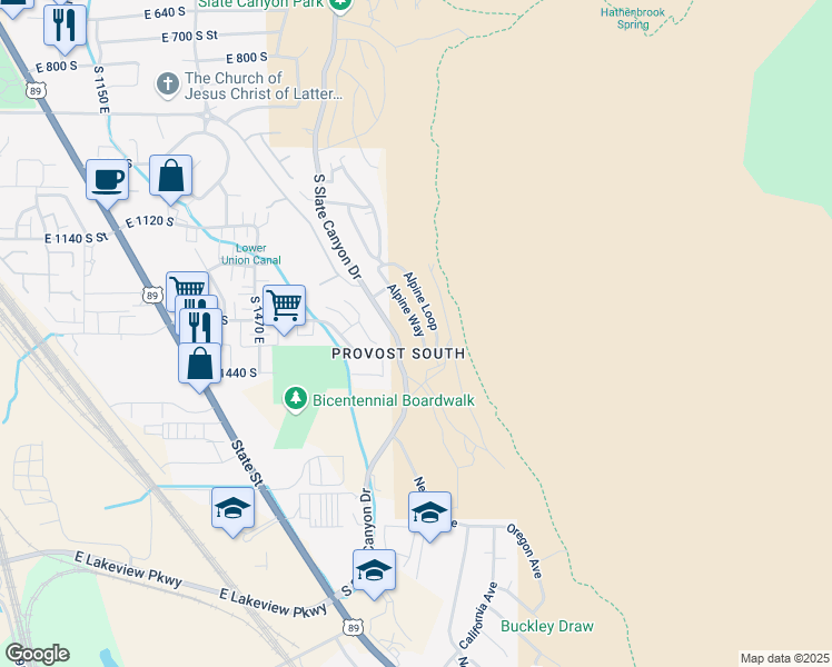 map of restaurants, bars, coffee shops, grocery stores, and more near 1376 Alpine Way in Provo