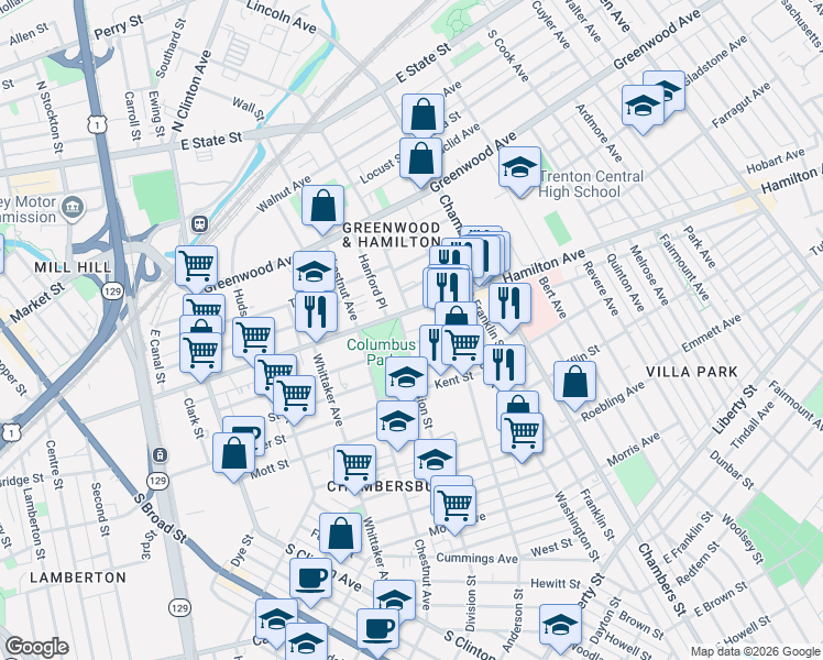 map of restaurants, bars, coffee shops, grocery stores, and more near 401 Hamilton Avenue in Trenton