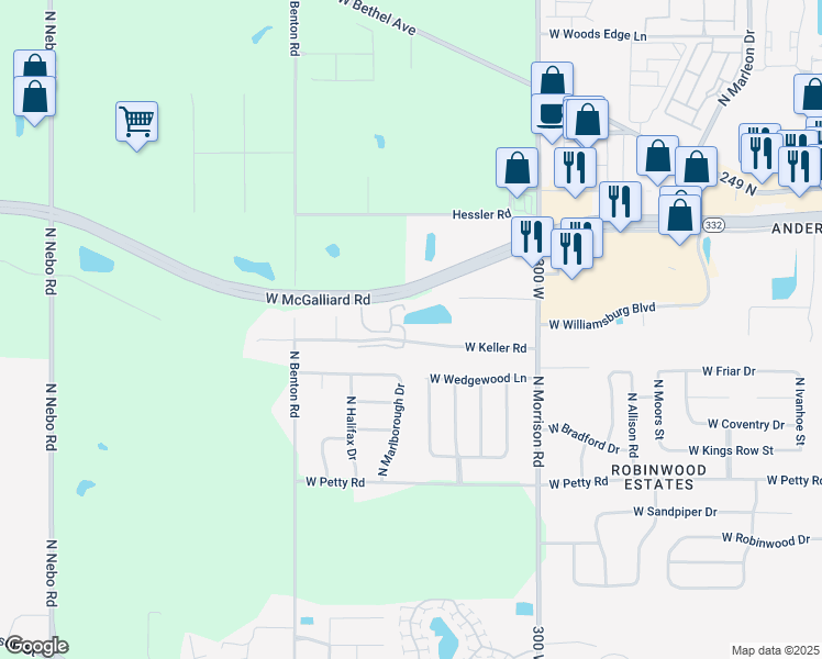 map of restaurants, bars, coffee shops, grocery stores, and more near 5310 West Keller Road in Muncie