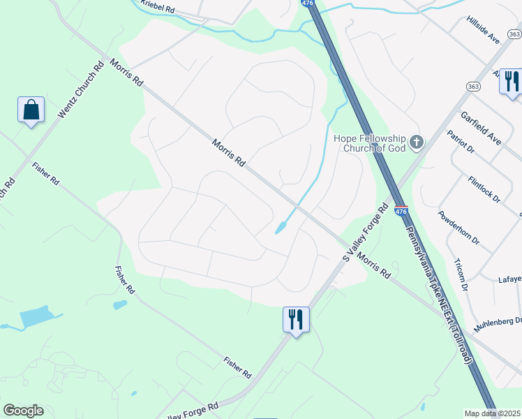 map of restaurants, bars, coffee shops, grocery stores, and more near 2286 Warner Road in Lansdale