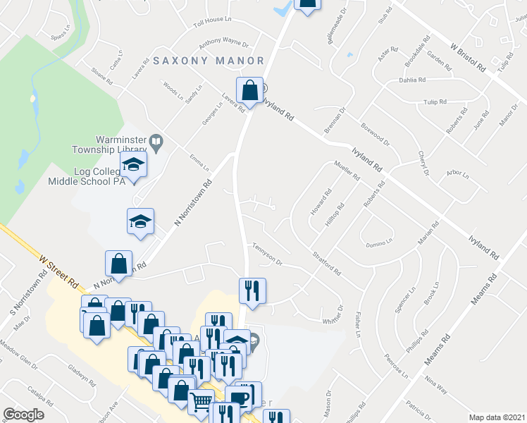 map of restaurants, bars, coffee shops, grocery stores, and more near 408 Brandywine Court in Warminster