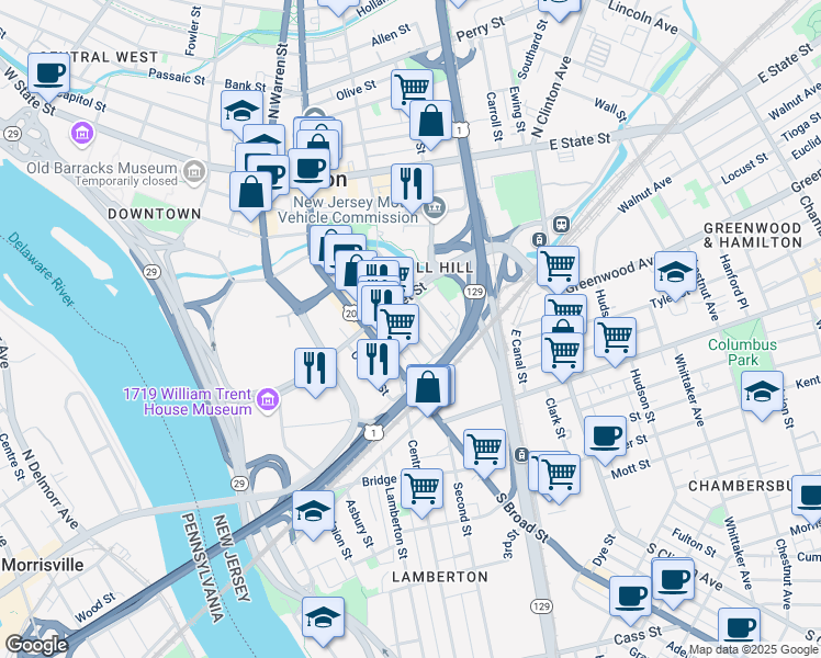 map of restaurants, bars, coffee shops, grocery stores, and more near 225 Jackson Street in Trenton