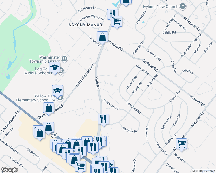 map of restaurants, bars, coffee shops, grocery stores, and more near 408 Brandywine Court in Warminster