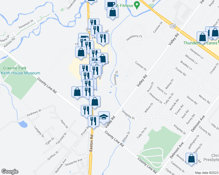 map of restaurants, bars, coffee shops, grocery stores, and more near 1803 Pinnacle Drive in Warrington