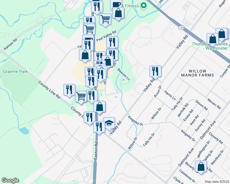 map of restaurants, bars, coffee shops, grocery stores, and more near 1803 Pinnacle Drive in Warrington