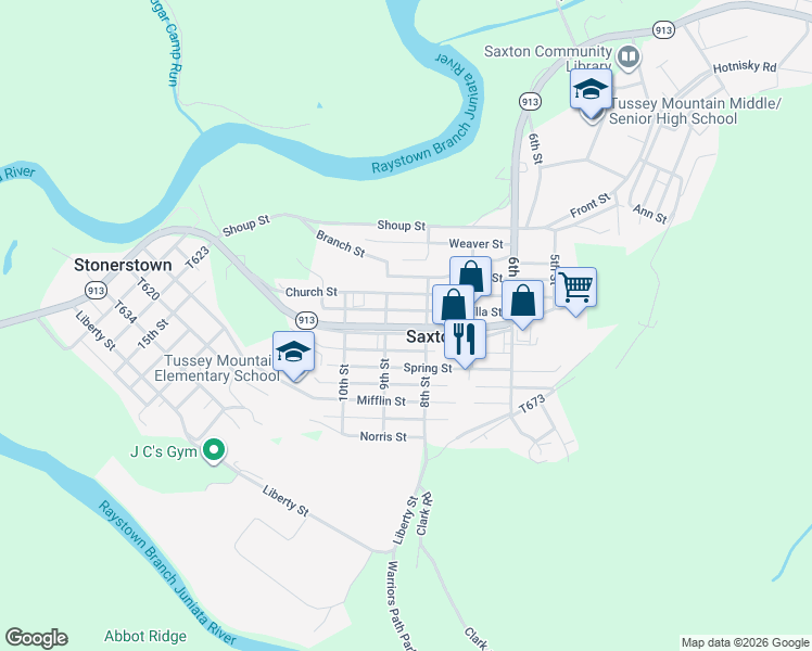 map of restaurants, bars, coffee shops, grocery stores, and more near 800 Main Street in Saxton