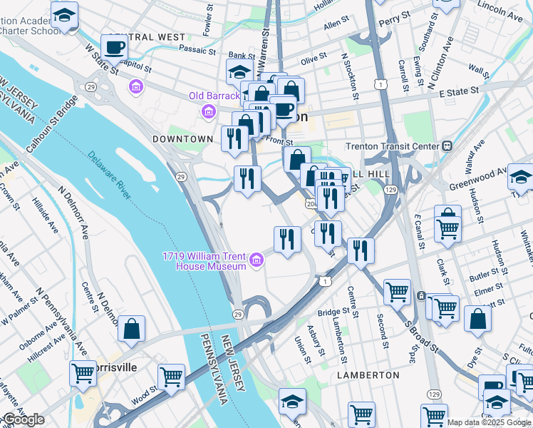 map of restaurants, bars, coffee shops, grocery stores, and more near 55 North Willow Street in Trenton