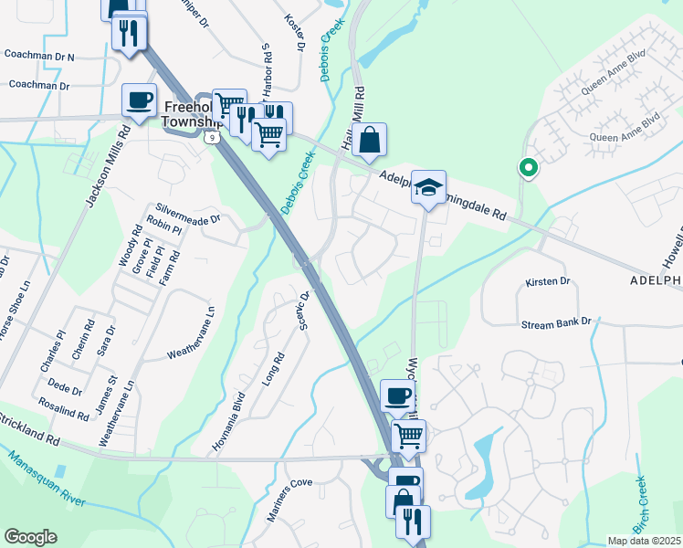 map of restaurants, bars, coffee shops, grocery stores, and more near Dorado Beach Court in Howell
