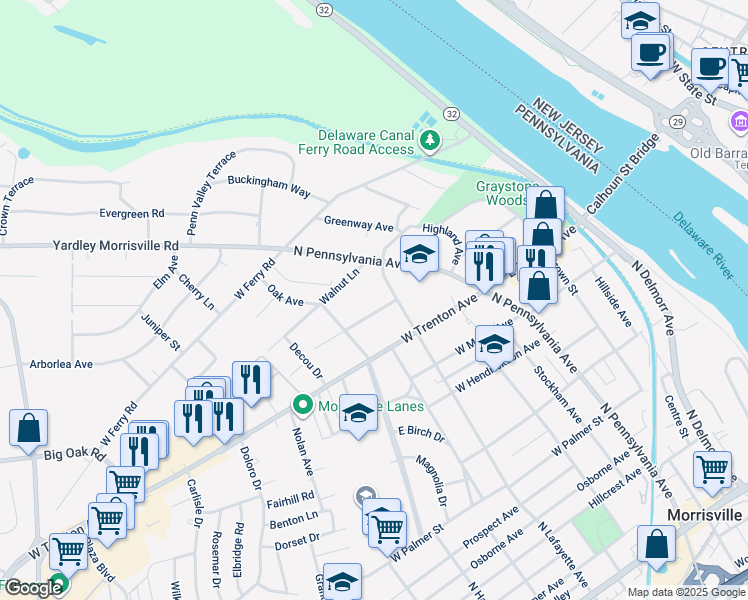 map of restaurants, bars, coffee shops, grocery stores, and more near 24 Burgess Avenue in Yardley