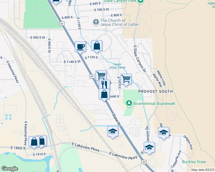 map of restaurants, bars, coffee shops, grocery stores, and more near 1394 South 1420 East in Provo