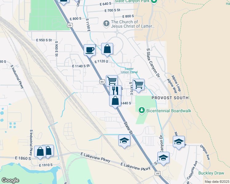 map of restaurants, bars, coffee shops, grocery stores, and more near 1394 South 1420 East in Provo