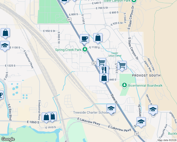 map of restaurants, bars, coffee shops, grocery stores, and more near 1400 South State Street in Provo
