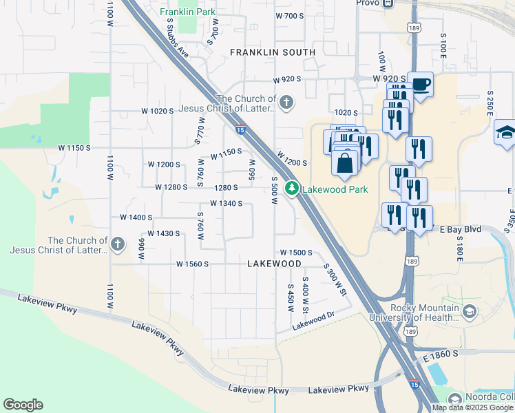 map of restaurants, bars, coffee shops, grocery stores, and more near 1403 South 570 West in Provo