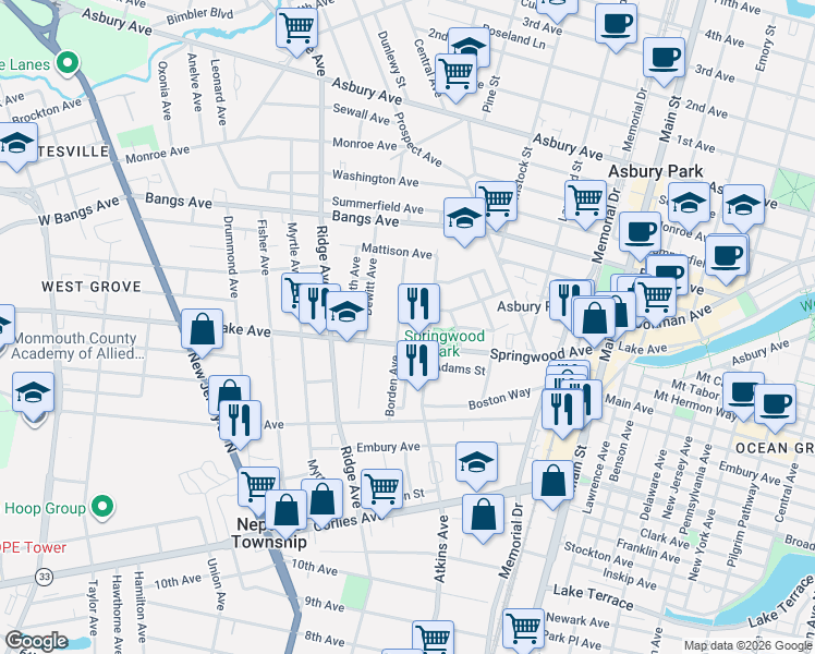 map of restaurants, bars, coffee shops, grocery stores, and more near 3 Borden Avenue in Asbury Park
