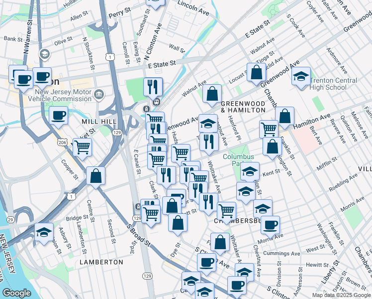 map of restaurants, bars, coffee shops, grocery stores, and more near 151 Pearl Street in Trenton