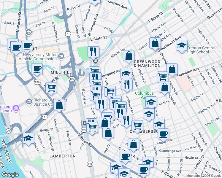 map of restaurants, bars, coffee shops, grocery stores, and more near 151 Pearl Street in Trenton
