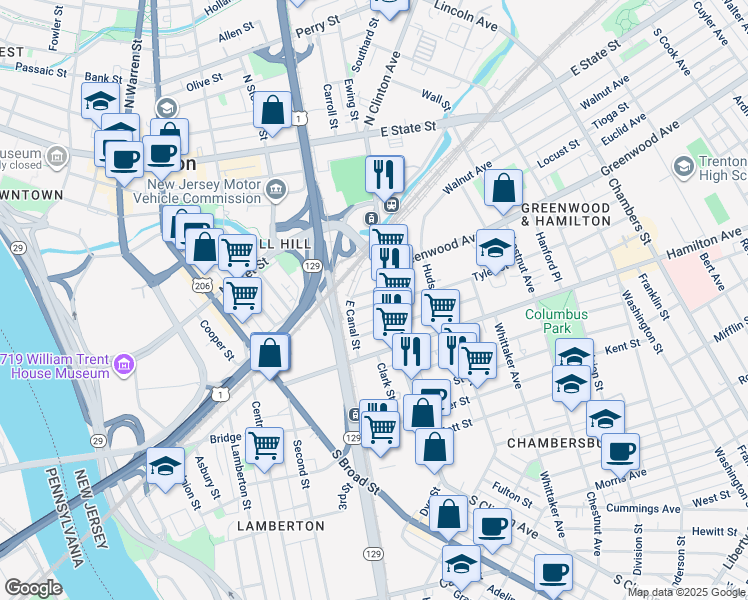 map of restaurants, bars, coffee shops, grocery stores, and more near 11 Tyler Street in Trenton