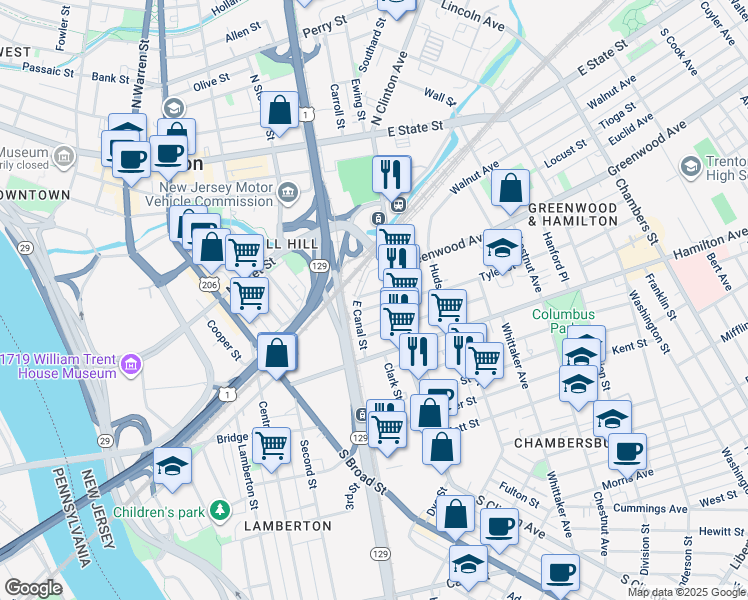 map of restaurants, bars, coffee shops, grocery stores, and more near 11 Tyler Street in Trenton