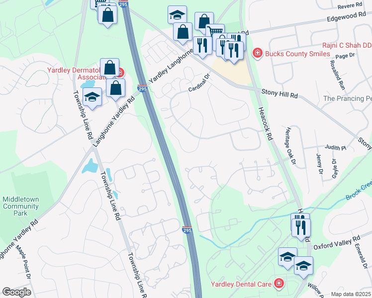 map of restaurants, bars, coffee shops, grocery stores, and more near 500 Cedar Hollow Drive in Yardley