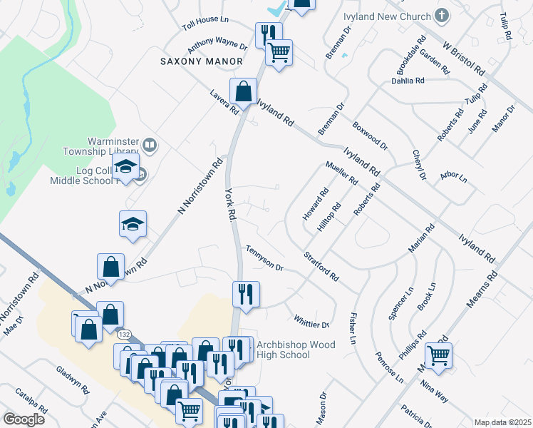 map of restaurants, bars, coffee shops, grocery stores, and more near 953 Mueller Road in Warminster