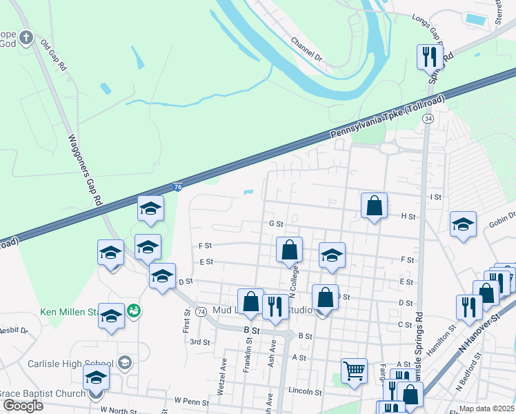 map of restaurants, bars, coffee shops, grocery stores, and more near 1090 Franklin Street in Carlisle