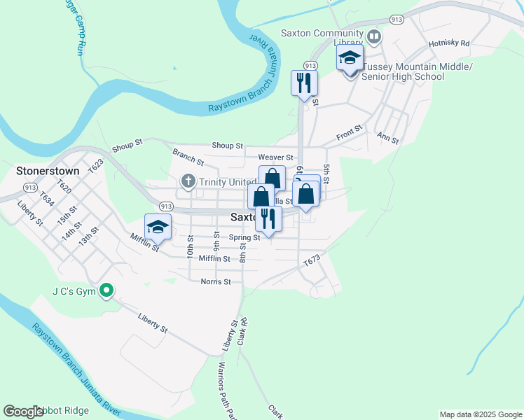 map of restaurants, bars, coffee shops, grocery stores, and more near 7th St in Saxton
