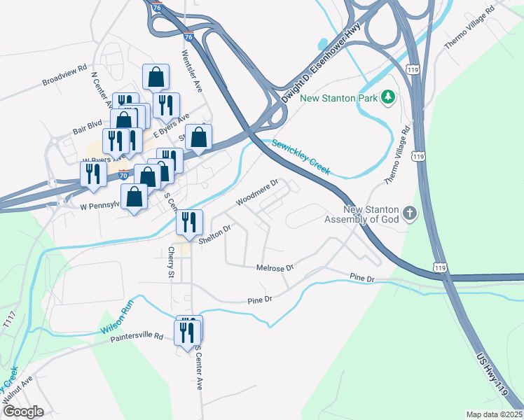 map of restaurants, bars, coffee shops, grocery stores, and more near 133 Florence Drive in New Stanton