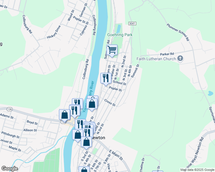 map of restaurants, bars, coffee shops, grocery stores, and more near 224 North 1st Street in West Newton