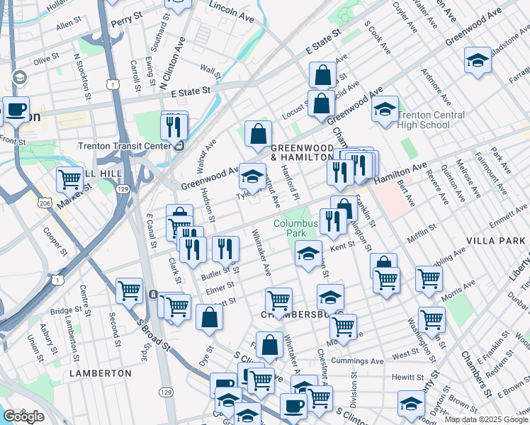 map of restaurants, bars, coffee shops, grocery stores, and more near 350 Hamilton Avenue in Trenton