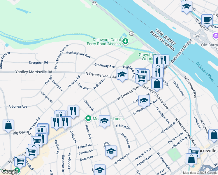 map of restaurants, bars, coffee shops, grocery stores, and more near 24 Burgess Avenue in Yardley