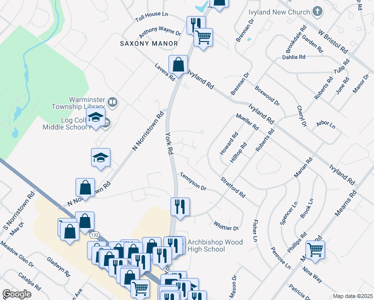map of restaurants, bars, coffee shops, grocery stores, and more near 407 Brandywine Court in Warminster