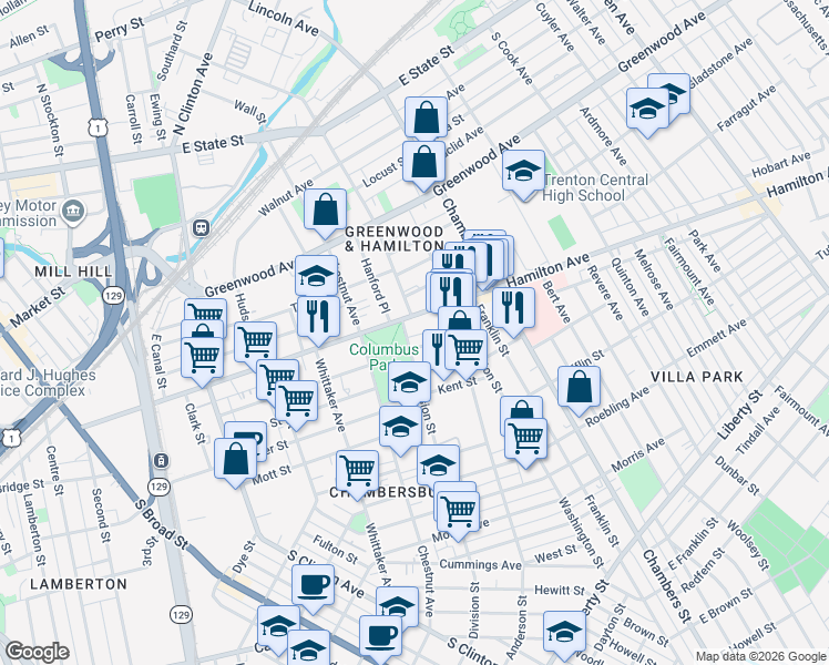 map of restaurants, bars, coffee shops, grocery stores, and more near 401 Hamilton Avenue in Trenton